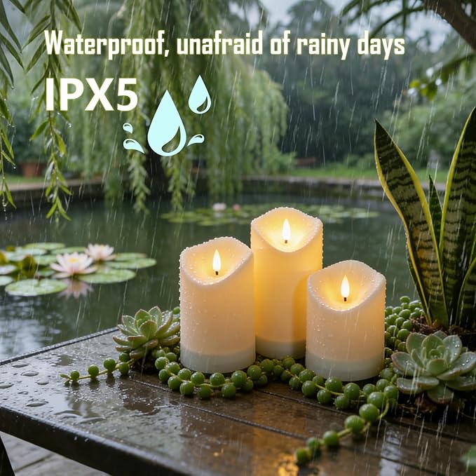 Nimiko Solar Outdoor Waterproof Flameless Candles - 3 Pack Solar & Battery Operated LED Candles, White (D3.25" x 4"/5"/6" Assorted Heights) for Garden, Patio, Outdoor Decoration