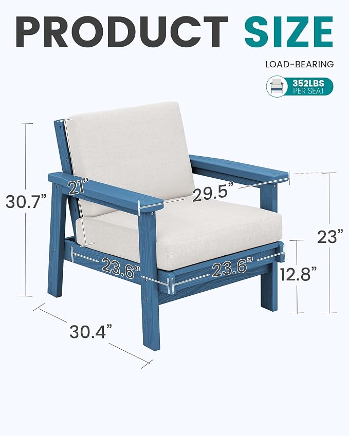 SERWALL Patio Furniture Set with 33” Fire Pit Table, HDPE Outdoor Sectional Sofa Set with Thickened Cushions, Blue Frame with Khaki Cushions