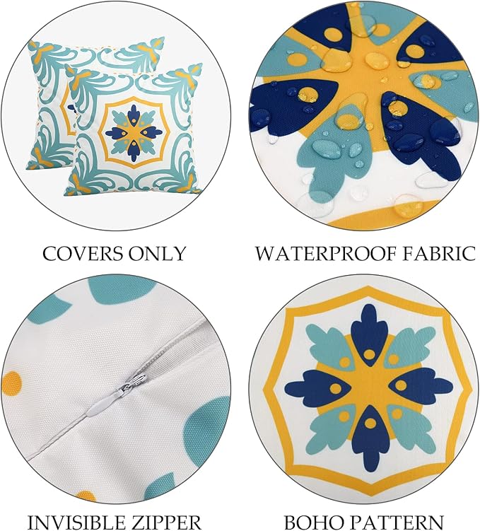 Pyonic Outdoor Pillow Covers 16x16 Spring Summer Garden Waterproof Throw Pillow Covers Cushion Case Patio Pillows for Couch Tent,Set of 4,Blue