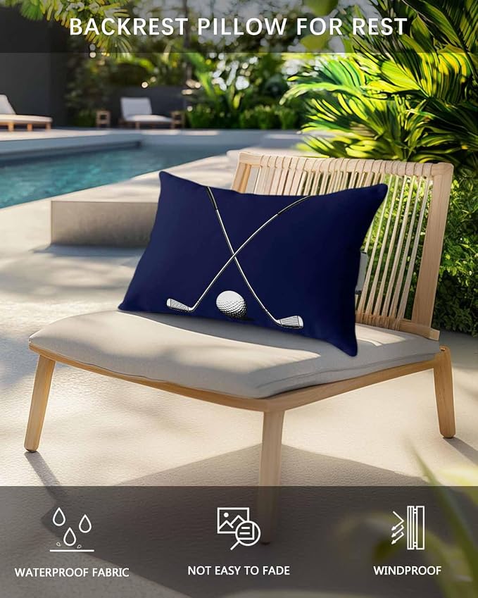 Pack of 2 Golf Club and Ball Lumbar Pillow Covers, Outdoor Waterproof Throw Pillow Covers Set, Sports Theme Navy Blue Background Decorative Cushion Case for Patio Beach, 12x20 Inch