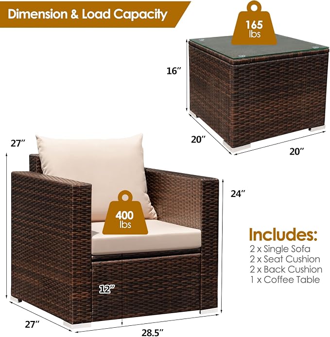COSTWAY 3-Piece Patio Furniture Set, Outdoor Wicker Rattan Sofa with Cushions and Coffee Table with Tempered Glass, Modern Conversation Chair Set for Poolside Backyard Balcony Lawn (Beige)