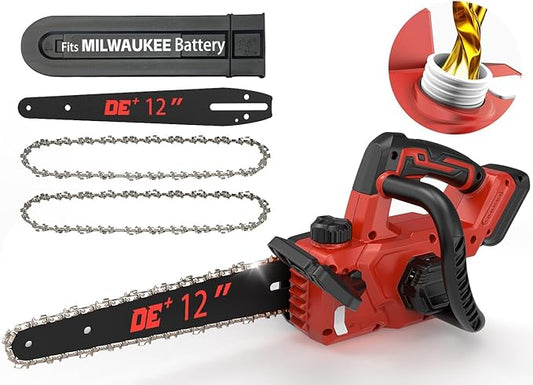 12 Inch Brushless Electric Chainsaw Cordless, for Milwaukee M18 Battery,44.3 FT/S Powerful Cutting Heavy Duty Chain Saw, Auto Oiler Low Kickback Battery Powered Chainsaw for Tree Trimming Wood Cutting
