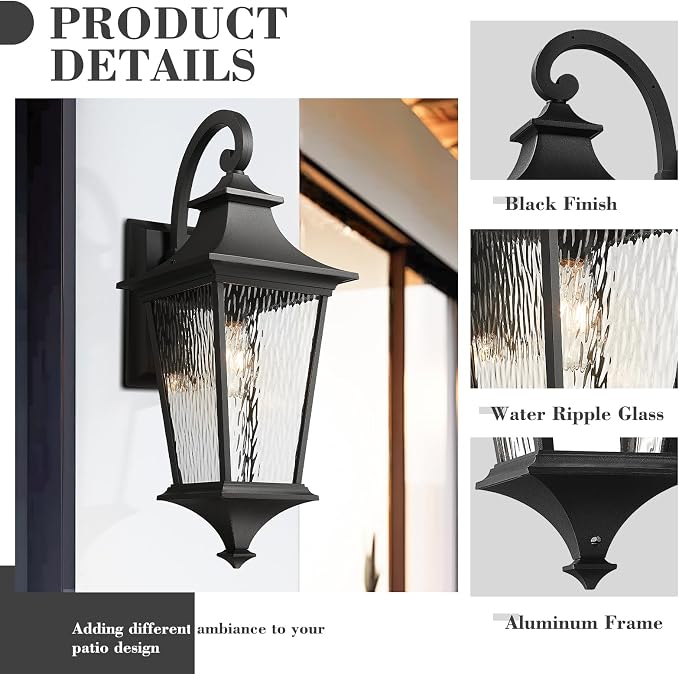 Emliviar 29.3" Exterior Waterproof Wall Sconce Light Fixture, Porch Wall Mounted Lighting with Water Ripple Glass Shade, Black Finish, XE292BL-SW BK