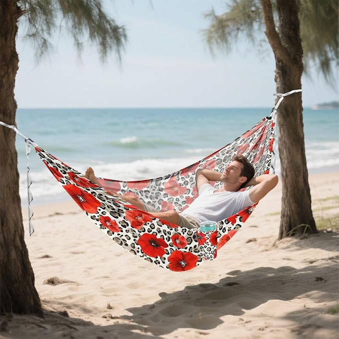 Camping Hammock Outdoor Hammocks for Outside Red Poppy Leopard Cheetah Beach Trees Portable Lightweight with Pockets Tree Straps Indoor