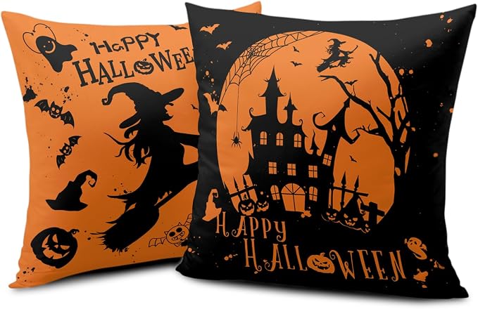 Halloween Decor Indoor Fall Pillow Covers 20x20 Pack of 2 Witch Castle Decor Black and Yellow Pillow Case Happy Halloween Pillow Covers Hallowee Room Decor for Sofa Bedroom