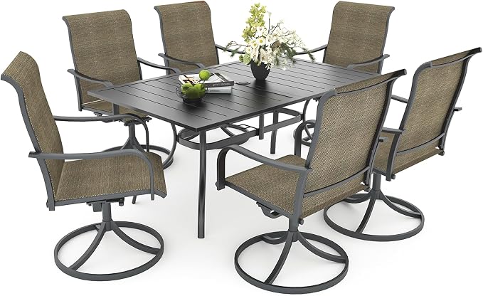 Anmutig 7 Pieces Outdoor Patio Dining Set for 6 Patio Dining Swivel Chairs Textilene & 1 Rectangle Outdoor Dining Table with 1.57" Umbrella Hole for Backyard Bistro Outdoor Furniture Brown/Grey