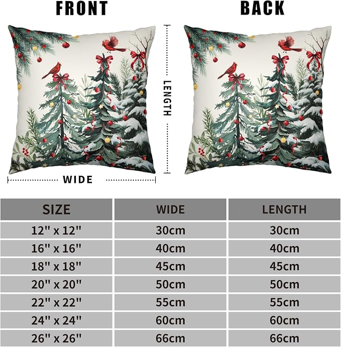 Set of 2 Christmas Tree Pillow Covers Snowy Pine Throw Pillow Covers 20x20 Green Xmas Tree Cardinal Bird Pillowcase Winter Holiday Cushion Case for Home Decor Couch Sofa