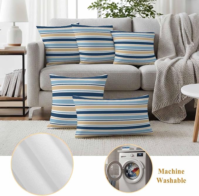 Blue Khaki Striped Outdoor Pillow Cover 24x24 Inch Cushion Sham Case, Farmhouse Stripes Modern Abstract Art Waterproof Decorative Square Throw Pillowcase for Outside Garden Patio Porch Couch Chair