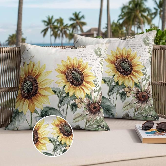 Vintage Yellow Sunflowers Outdoor Waterproof Throw Pillow Covers Set of 2, 20"x20", American Pastoral Style Decorative Pillow Covers Outside Cushion Case for Patio Porch Garden