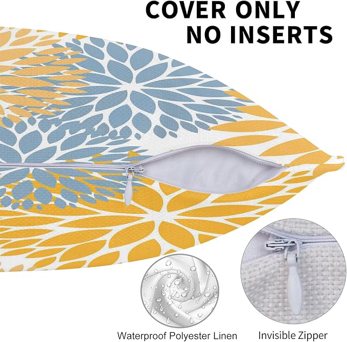 Spring Outdoor Pillow Covers 20x20 Set of 2, Yellow Blue Floral Waterproof Cushion Covers, Boho Patio Furniture Pillows for Spring Home Decor