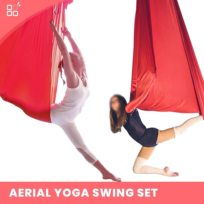 KUAFU 6.56 Yards Aerial Silks for Home Yoga Swing Therapy Swing Aerial | Hammock w/Extension Straps, o-Slings, Carabiners Red