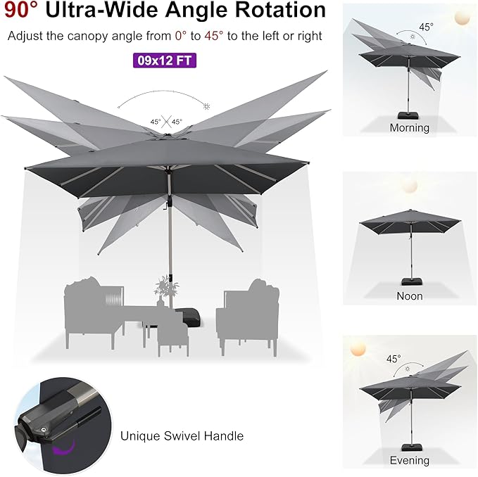 PURPLE LEAF 9' X 12' Left-right Tilting Patio Umbrella Outdoor Swivel Cantilever Umbrella Aluminum Offset Umbrella with Champagne Frame and 360-degree Rotation for Garden Deck Pool, Grey
