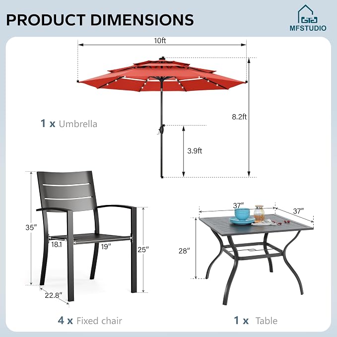 MFSTUDIO Outdoor Dining Set with Umbrella, Metal Patio Dining Set for 4 Persons, 6 Piece Patio Furniture Set with Orange Red Umbrella (Base not Included)