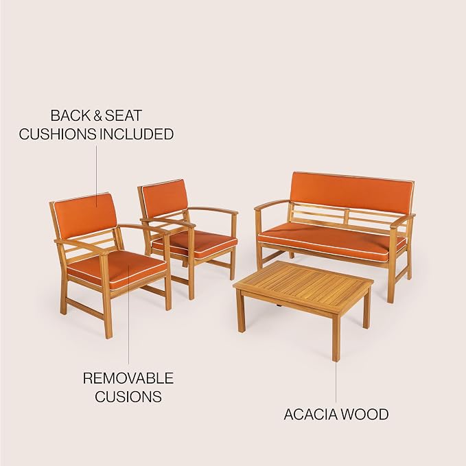 JONATHAN Y Barclay Modern 4-Piece Acacia Wood Outdoor Patio Set, Conversation Seating Group with Removable Cushions and Coffee Table for Backyard, Porch, Garden, Poolside, Orange LVG1000D-4SET