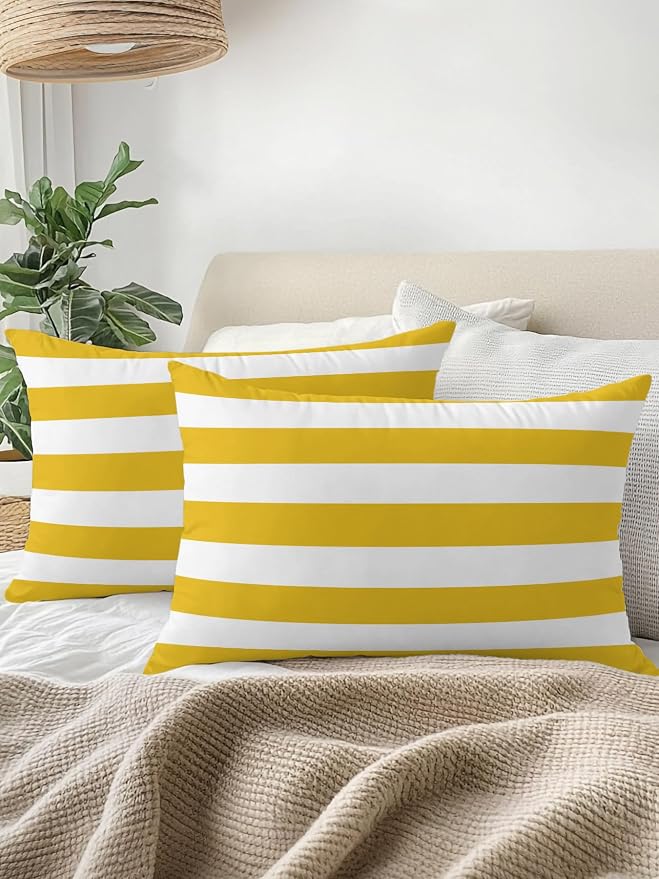 Waterproof Outdoor Pillow 1 Pack Yellow White Stripe Decorative Throw Pillows Cover & Insert 20x12 Inch Lumbar Pillowcase Simple Style Striped Pillows for Couch Sofa Bed Patio Furniture Indoor Outdoor