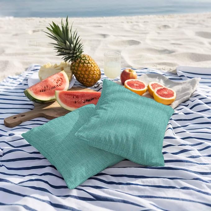 Outdoor Waterproof Throw Pillow Covers Set of 2 Turquoise Linen Pillowcases 18x18 Inches Farmhouse Pure Color Decorative Pillows Cushion Case Patio Pillows for Couch Bed Chair Garden