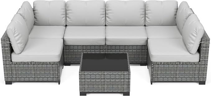 GarveeHome 7 Piece Patio Furniture Set, PE Rattan Wicker Sectional Sofa Set with Cushions & Glass Top Coffee Table, Outdoor Conversation Furniture for Garden, Balcony, Porch, Backyard