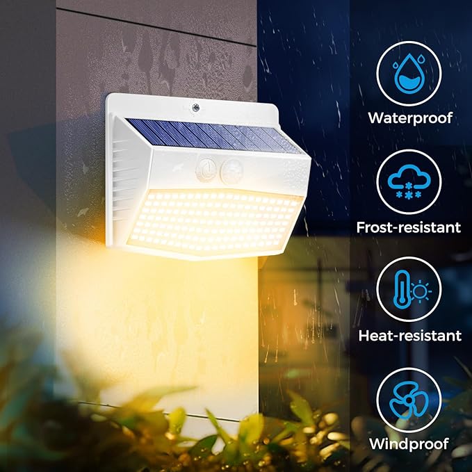 Solar Outdoor Lights, [4 Packs] Motion Sensor Security Lights with 3 Lighting Modes Wall Lights Waterproof Solar Powered Lights for Garden Yard, White Warm