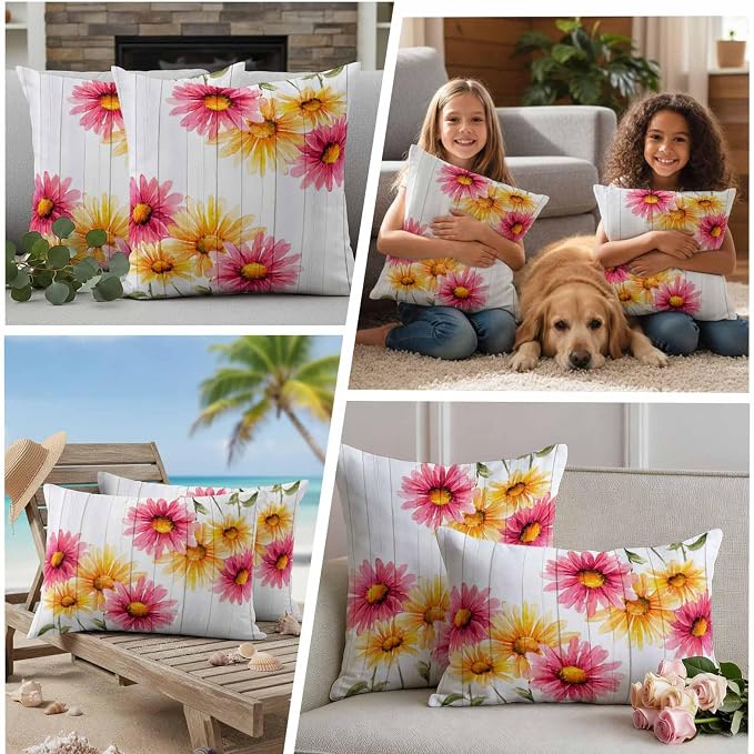 Yellow Pink Daisy Outdoor Pillow Covers 20"x12" Set of 2, Rustic Farmhouse Wooden Slats Waterproof Throw Pillow Covers for Patio Furniture, Decorative Cushion Covers for Porch
