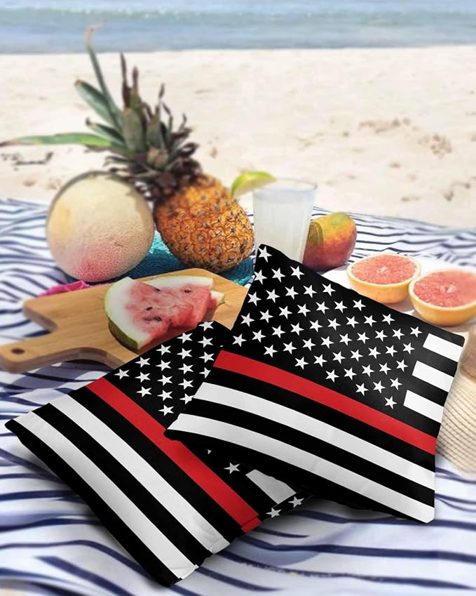 Outdoor Waterproof Pillow Covers Set of 2, Thin Red Line Flags American Firefighter Red Stripes Flag Patio Throw Pillow Covers, Decorative Cushion Case for Couch Sofa Furniture Garden, 24x24 Inch