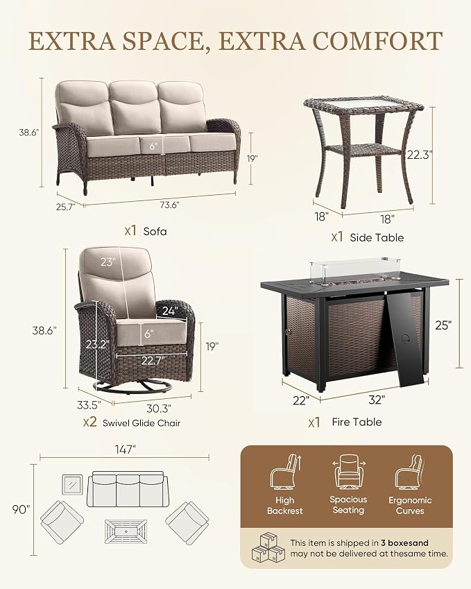 Belord Upgraded 6“ Cushion Luxury 5 Piece Patio Furniture Set with Fire Pit Table - Outdoor Furniture Set with High Back Swivel Rocker Patio Chairs, Conversation Set for Deck Porch Yard - Brown/Beige