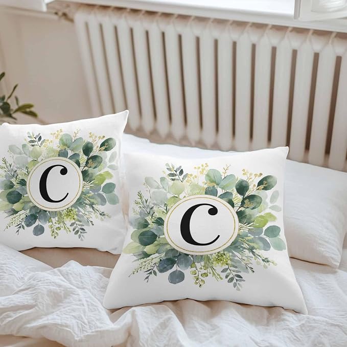 Letter C Waterproof Outdoor Pillow Covers Set of 2 Home Decor, Alphabet Green Eucalyptus Leaves Pillowcase Patio Pillow Covers for Couch Bench Patio Furniture Garden 18x18in