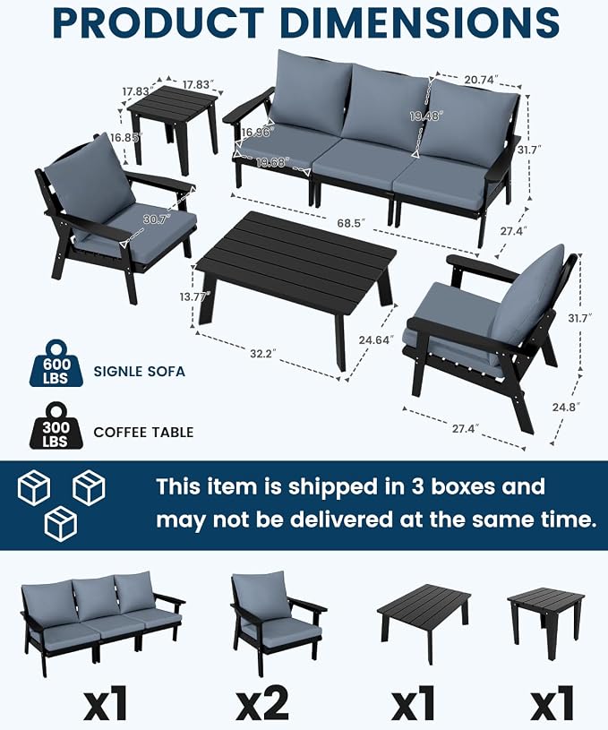 FOOWIN 7-Piece Patio Furniture Set, HDPE All-Weather Outdoor Conversation Set with Thick Cushions, Sectional Patio Sofa Furniture for Deck, Porch, Lawn, Garden, Black Frame & Grey Cushion
