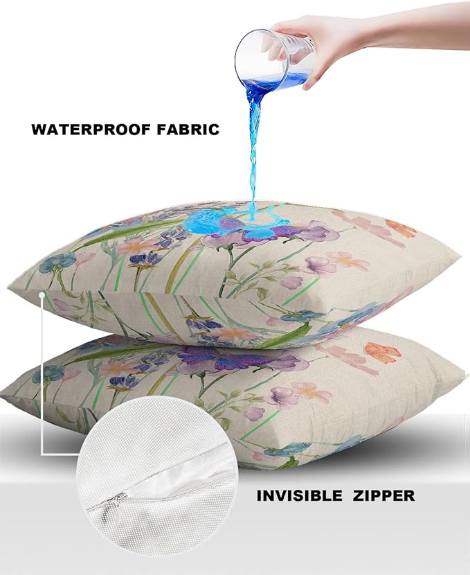 YOKOU Waterproof Throw Pillow Covers, Floral Print Butterfly Watercolor Flower Spring Summer Farm Decorative Pillowcase Soft Cushion Case for Patio Couch Tent Balcony, Set of 2 Square, 20"X20"