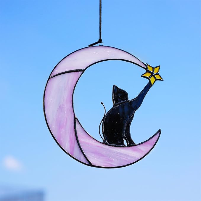 6.5'' Stained Glass Window Hanging Suncatcher-Black Cat on Purple Moon | Wall Art Glass Window Panel Sun Catcher,Halloween Decoration,Memorial Gift for Lover Cat Loss Women