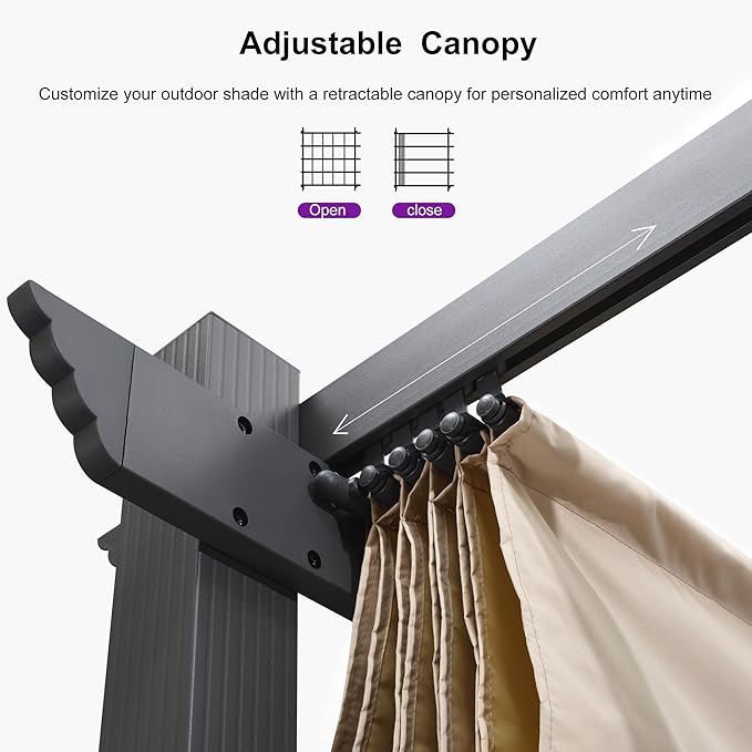 PURPLE LEAF 10' X 13' Outdoor Retractable Pergola with Sun Shade Canopy Patio Metal Shelter for Garden Porch Beach Pavilion Grill Gazebo Modern Yard Grape Trellis Pergola, Beige
