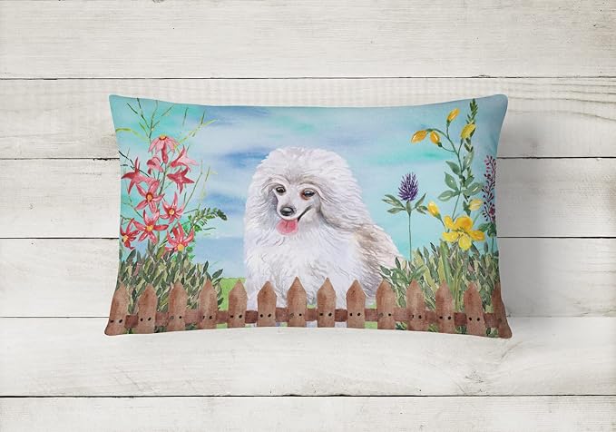 Caroline's Treasures CK1245PW1216 Medium White Poodle Spring Canvas Fabric Decorative Pillow Machine Washable, Indoor Outdoor Decorative Pillow for Couch, Bed or Patio, 12HX16W