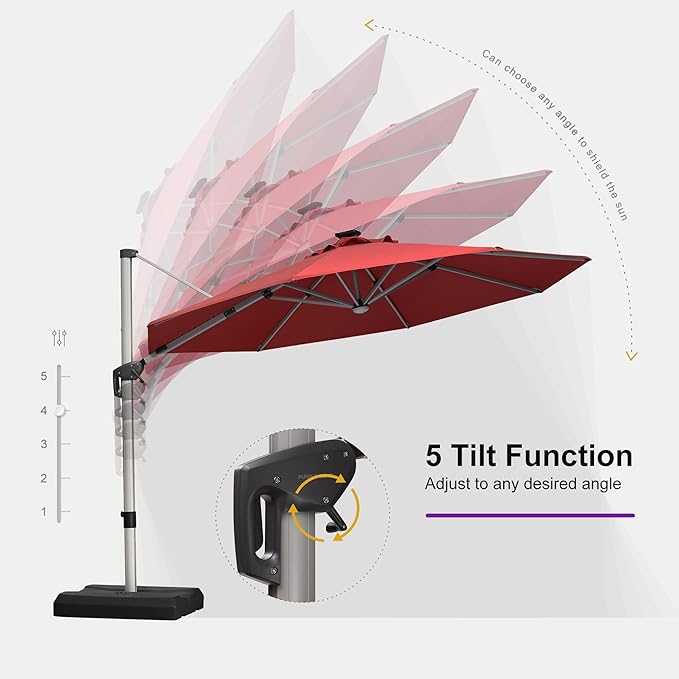 PURPLE LEAF Cantilever Umbrella with base 11ft Outdoor Round Patio Solar Powered LED Umbrella with 360-degree Rotation for Garden Deck Pool Patio, Terra