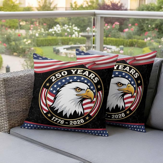 250 Year Anniversary Outdoor Waterproof Throw Pillow Covers 20x20 Set of 2, Independence Day Eagle USA Flag Decorative Pillowcases Cushion Pillowcase for Couch Sofa Patio Outside Pillow Protector