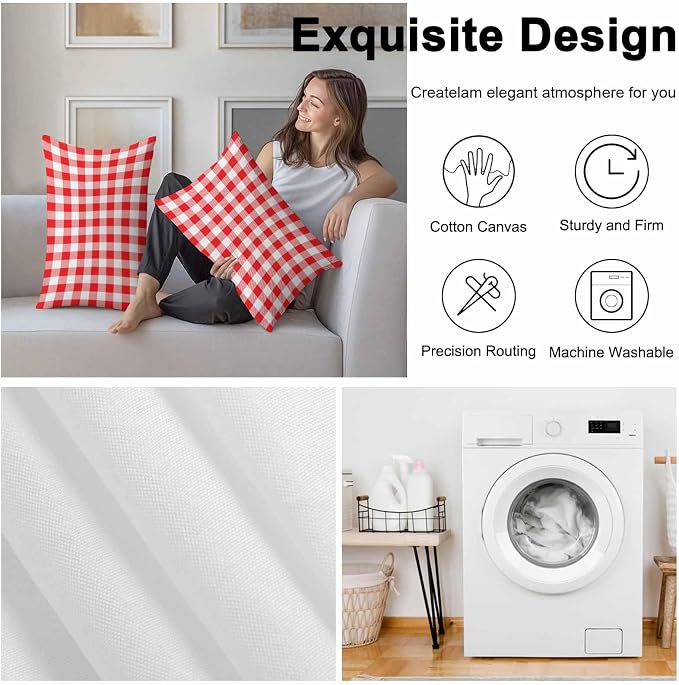Outdoor Waterproof Throw Pillow Covers Set of 2 Red White Buffalo Plaid Lumbar Pillowcases 20x12 Inches Pastoral Checked Decorative Pillows Cushion Case Patio Pillows for Couch Bed Chair Garden