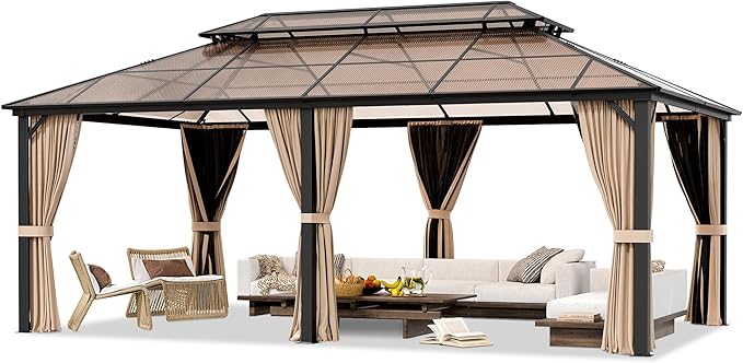AirWire 12'x20' Hardtop Gazebo, Outdoor Polycarbonate Roof Canopy, Aluminum Frame Permanent Pavilion with Curtains and Netting, Sunshade for Garden, Patio, Lawns