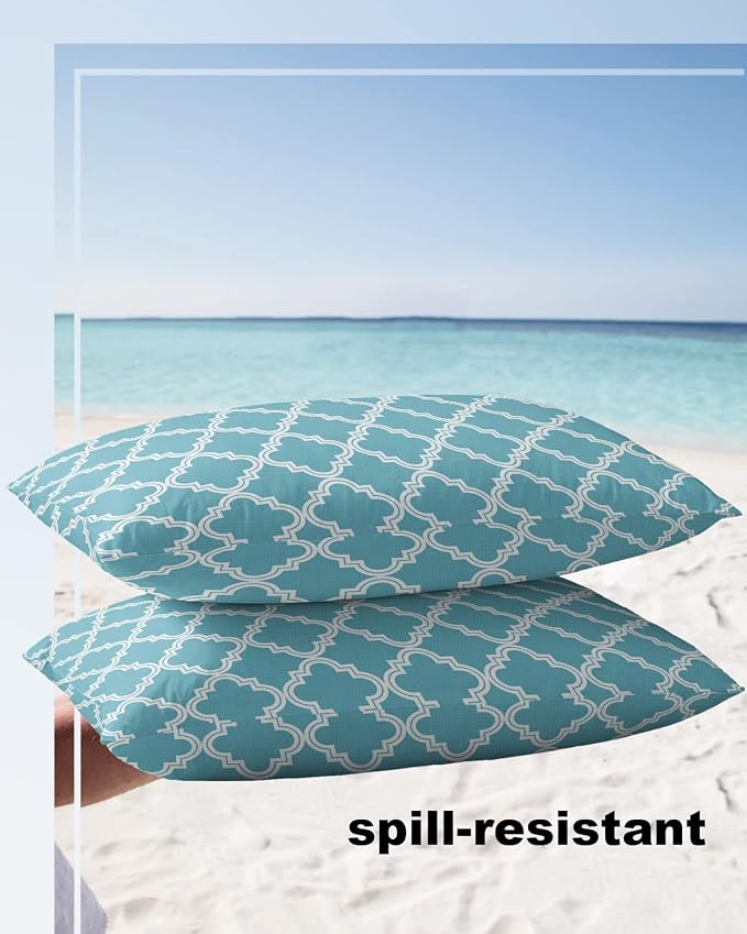 Outdoor Waterproof Pillow Covers for Patio Furniture Moroccan Pattern Decorative Throw Pillow Cover Blue Geometric Trellis Pillowcases Set of 2 Cushion Case for Sofa Couch Chair Home Decor 20x12 inch
