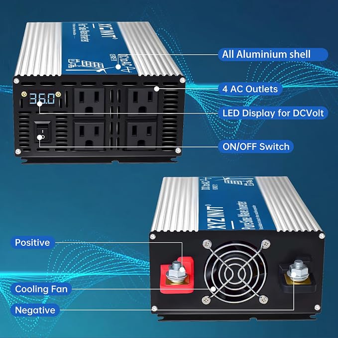 1800W Pure Sine Wave Power Inverter DC 24V to AC 110V 120V, 3600W Peak Power with 4 AC Outlets and LED Display for Car, Truck, Solar, Home Off Grid Over 90% Efficiency
