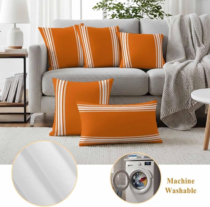 Outdoor Pillow Covers 12x20 Set of 2 Fall Orange Stripes Outdoor Pillows Waterproof Throw Pillow Covers French Stripe Farmhouse Style Pillowcases Decorative Case for Patio Cushion