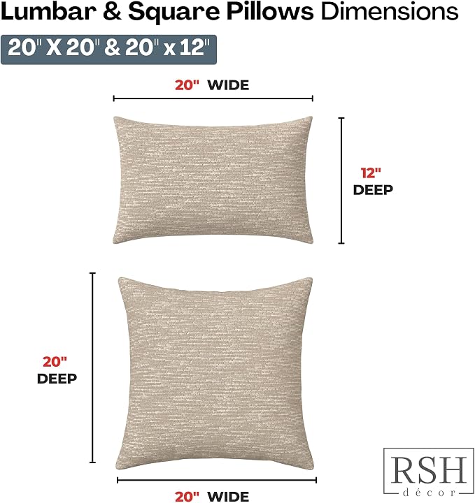 RSH DECOR: Sunbrella Lumbar & Square Pillows Set of 4 | 20" x 12" & 20" x 20" | Water and Fade-Resistant Fabric | Outdoor Throw Pillows for Patio Furniture | Made in USA (Soft Cloud Chenille Burlap)