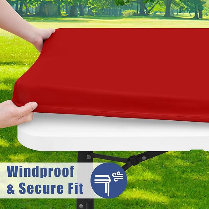 Moosfor Spandex 6 Foot Rectangle Christmas Table Cloth 2 Pack, Elastic Fitted Tablecloths for Picnic, Stretch Washable Patio Table Cover for Outdoor, Camping, Banquet and Parties (Red, 30"x72")