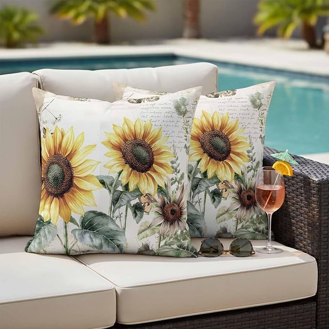 Vintage Yellow Sunflowers Outdoor Waterproof Throw Pillow Covers Set of 2, 16"x16", American Pastoral Style Decorative Pillow Covers Outside Cushion Case for Patio Porch Garden