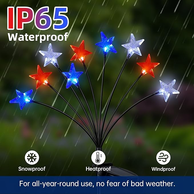 Lewondr 4th of July Decorations Solar Garden Lights, Fourth of July Red White and Blue Star Solar Lights Outdoor, Waterproof Patriotic Decor with 9 LED 2 Lighting Modes for Independence Day, 4 Pack