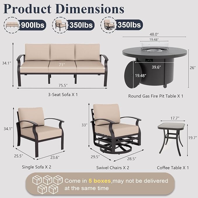 ALAULM Aluminum Patio Furniture Set with Coffee Table Rectangular, 5-seat Outdoor Sectional Furniture w/2 Swivel Chairs, Patio Conversation Set for Porch, Backyard, Poolside-Grey