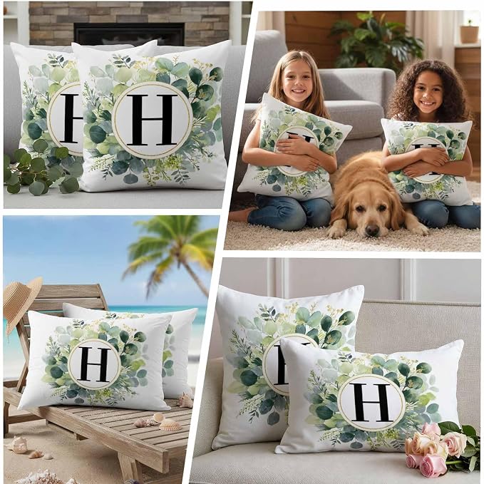 Letter H Waterproof Outdoor Pillow Covers Set of 2 Home Decor, Alphabet Green Eucalyptus Leaves Pillowcase Patio Pillow Covers for Couch Bench Patio Furniture Garden 18x18in