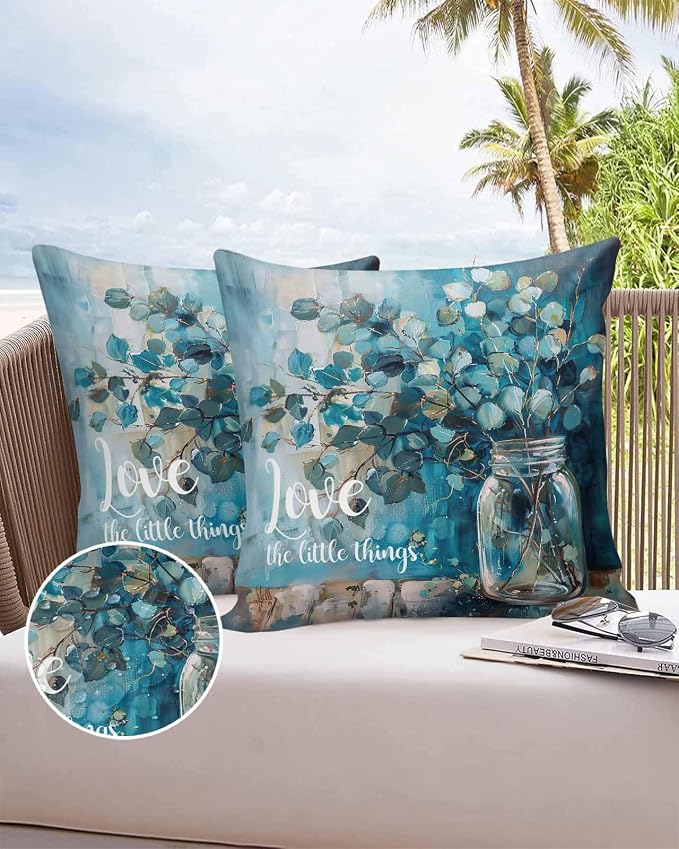 Outdoor Waterproof Throw Pillow Covers 24x24in, Vintage Eucalyptus Leaves Blue Cushions for Garden Patio Furniture Chairs Set of 2, Spring Watercolor Art Home Decor Couch Sofa Polyester Pillow Cases