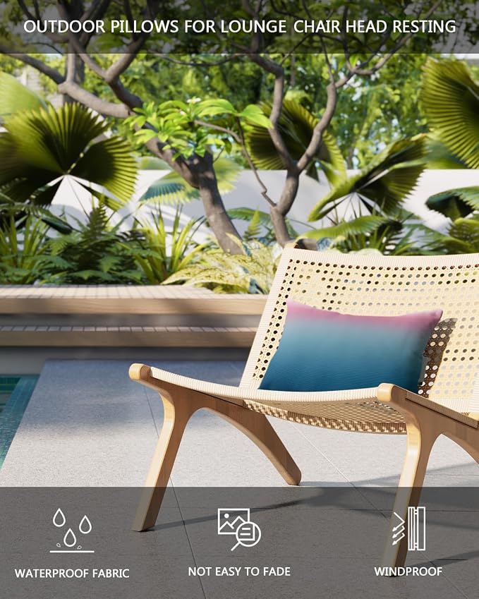 Outdoor Pillows Covers with Inserts Pink Blue Ombre Stripe Line Gradient Waterproof Recliner Pillow with Adjustable Strap Throw Pillows for Patio Furniture Pool Lounge Chair, 12x20 Inch, 1PCS