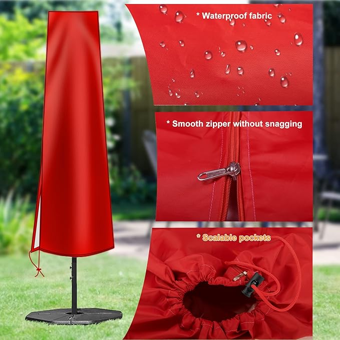 OKPOW Umbrella Cover 420D Oxford Fabric Patio Umbrella Covers Waterproof with Zip, for 9ft to 12ft Garden Outdoor Umbrella(Red)