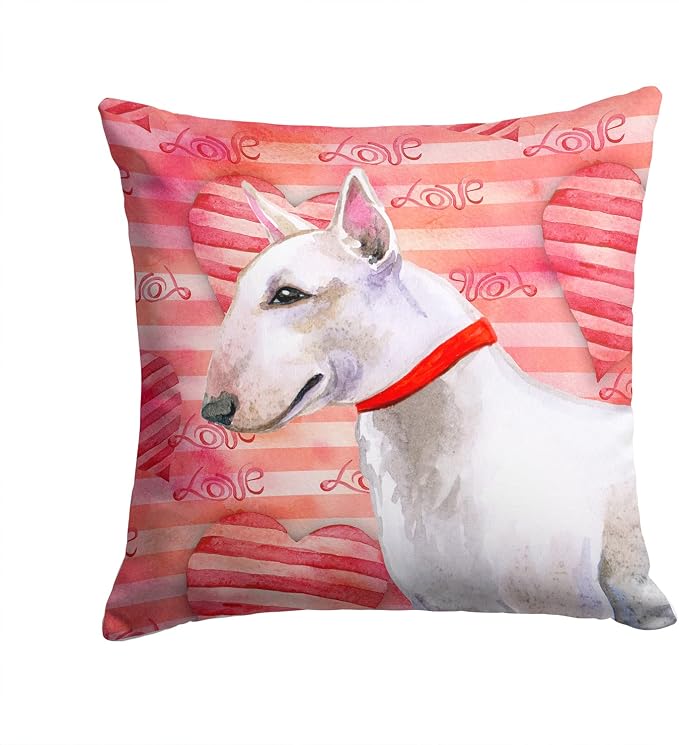 Caroline's Treasures BB9780PW1414 Bull Terrier Love Fabric Decorative Pillow, Red Machine Washable, Indoor Outdoor Decorative Pillow for Couch, Bed or Patio, 14Hx14W