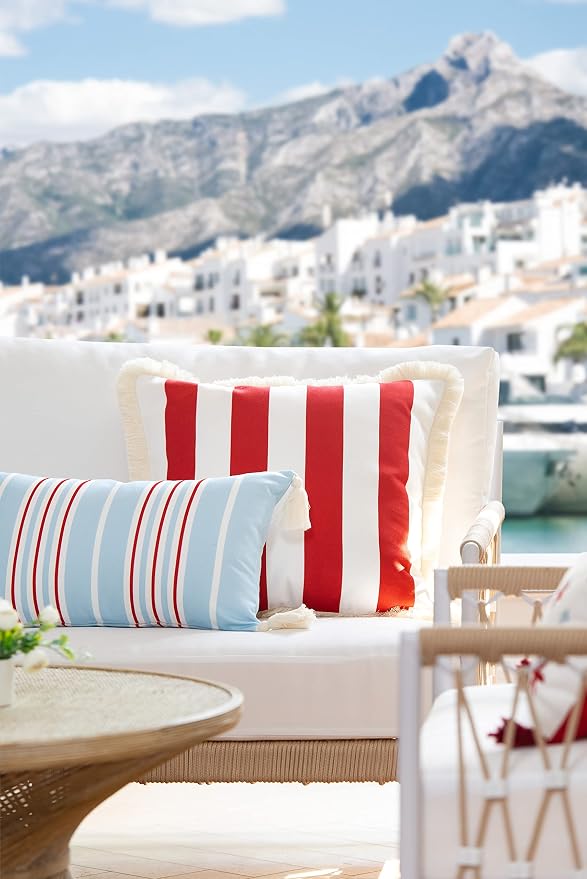 Hofdeco Premium Coastal Hampton Style Patio Indoor Outdoor Lumbar Pillow Cover Only, 12"x20" Water Resistant for Backyard, Couch, Baby Blue Red Stripe Tassel