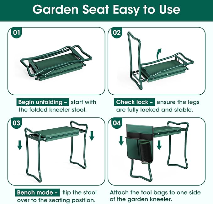 2-in-1 Garden Kneeler with Umbrella, Garden Kneeling Bench & Green Umbrella, Portable Garden Stool Loads Capacity 330lb and Garden Tools Bag with bottle holder, Gardening Gifts for Women,Men,Seniors